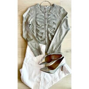 Caché Metallic Shimmer Tipped Cardigan Sweater Ruched Button Front Size M